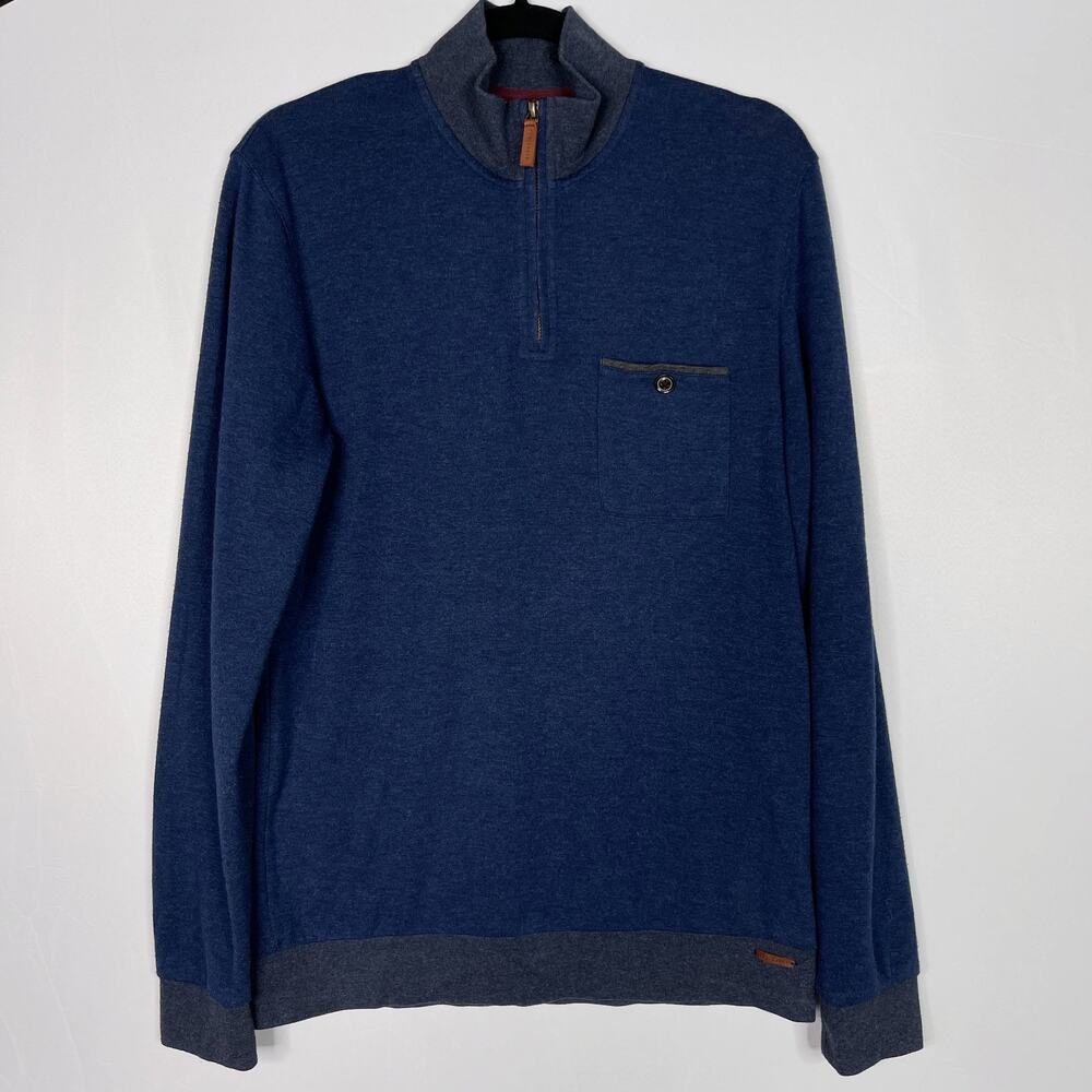 Ted Baker Mens 3 M Navy Blue Bevyhil Quarter Zip Pullover Sweater Cotton Leather